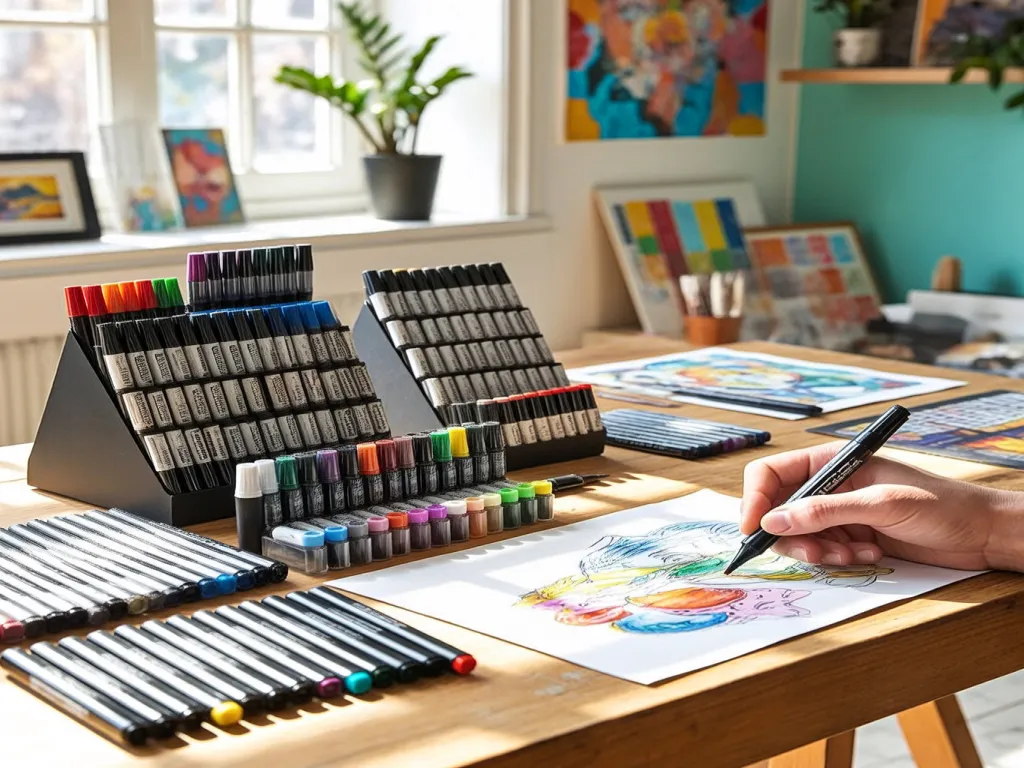 A set of dual tip marker pens on a wooden table