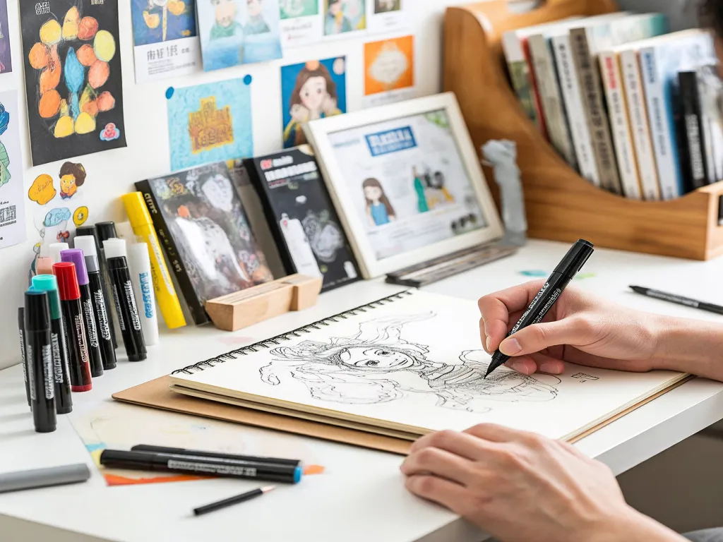 A hand sketching with a dual tip marker pen on a notebook