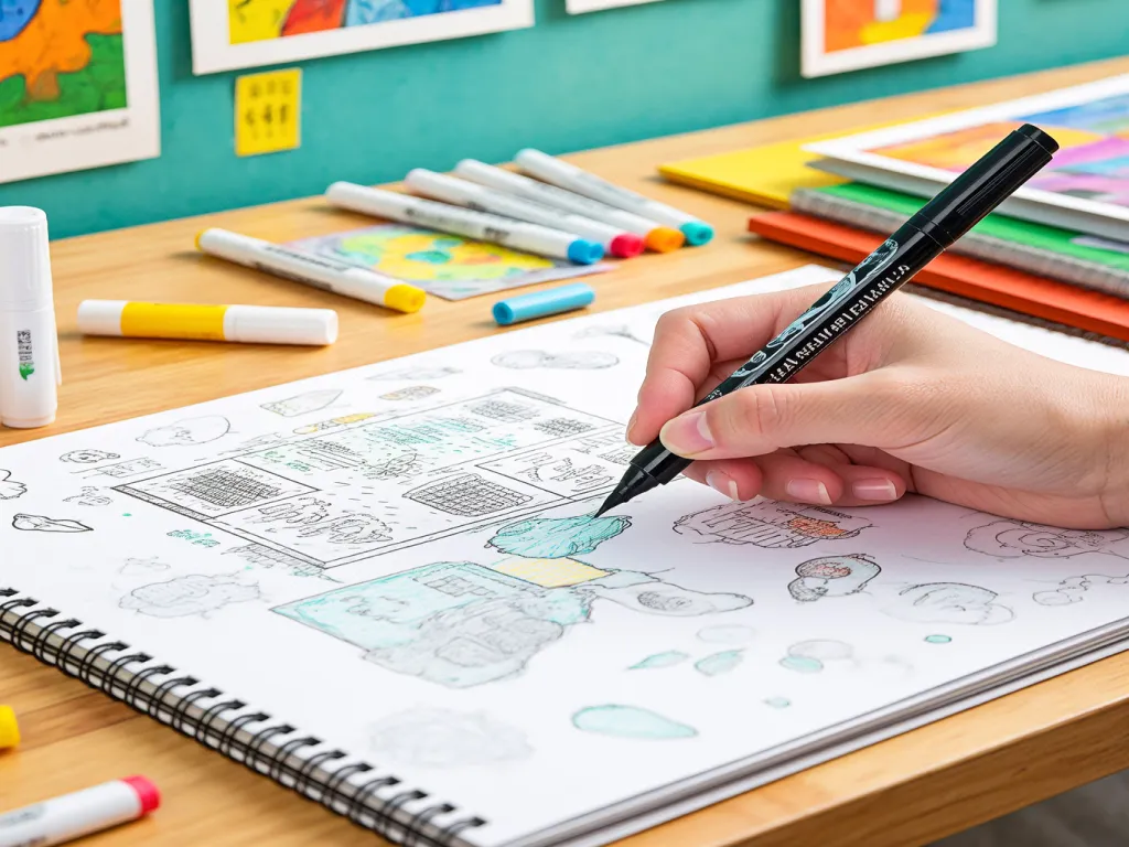 A hand using a dual tip marker pen to color a drawing