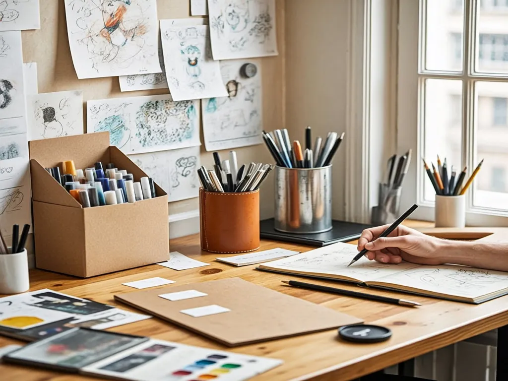 Artist using marker tip pens for sketching
