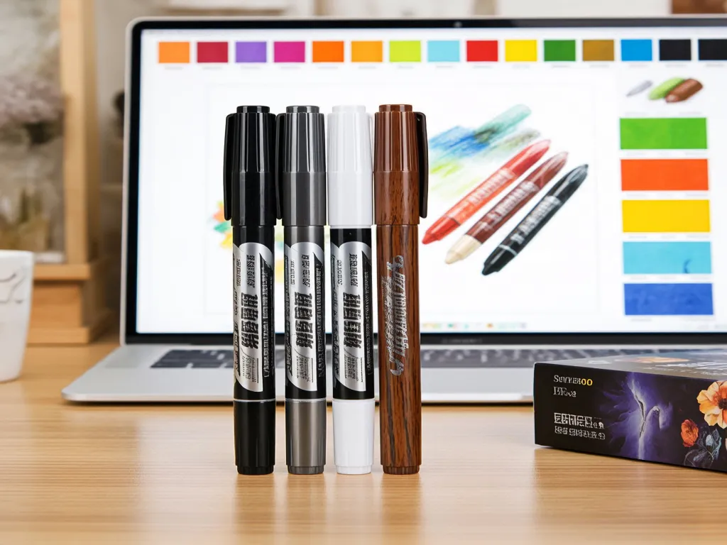 Black broad tip felt markers on a desk with a laptop