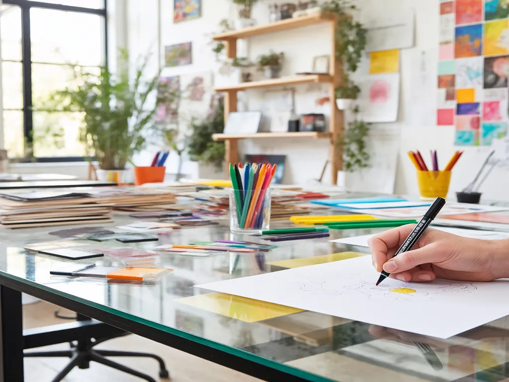 An artist's workspace featuring a variety of bullet tip marker pens