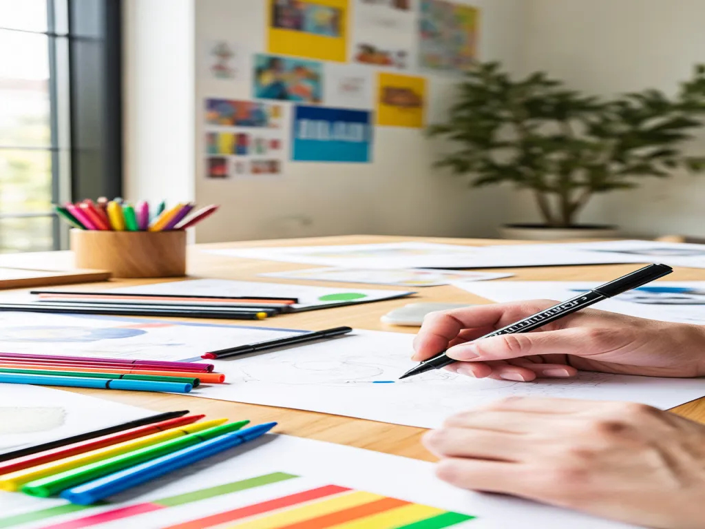 A creative design workspace with bullet tip marker pens