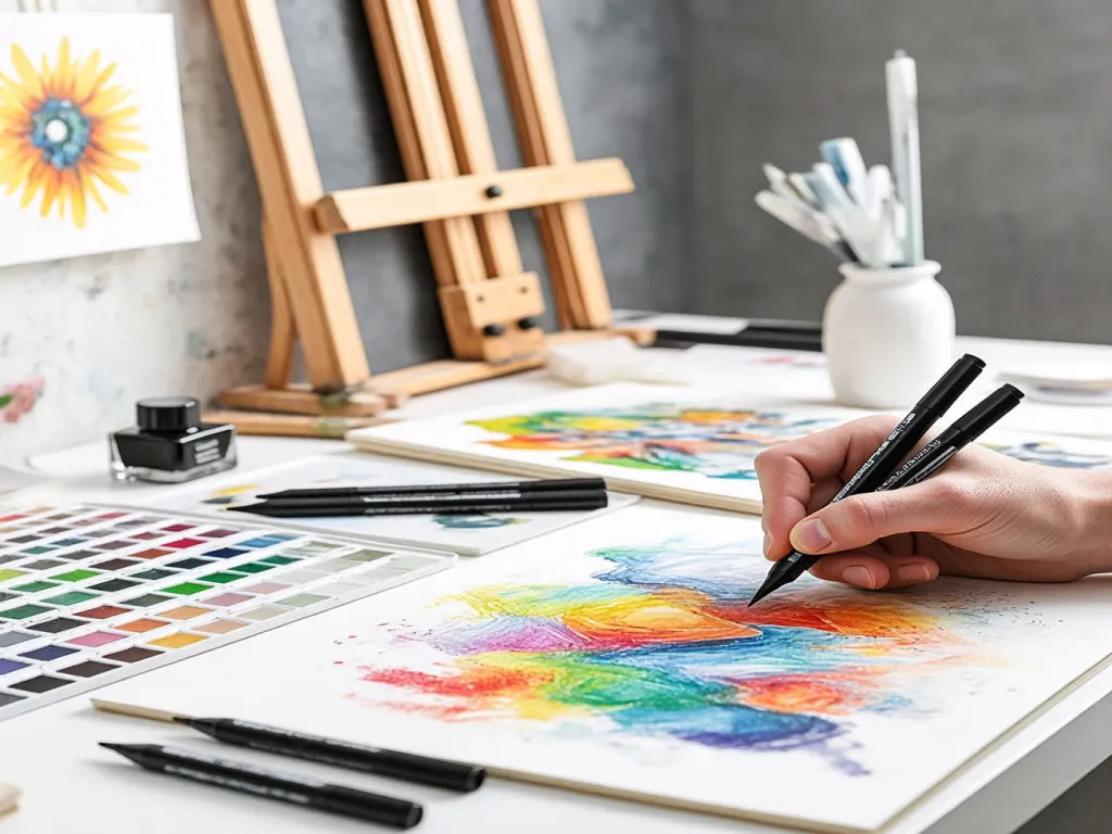 Artist drawing with fine tip marker pens