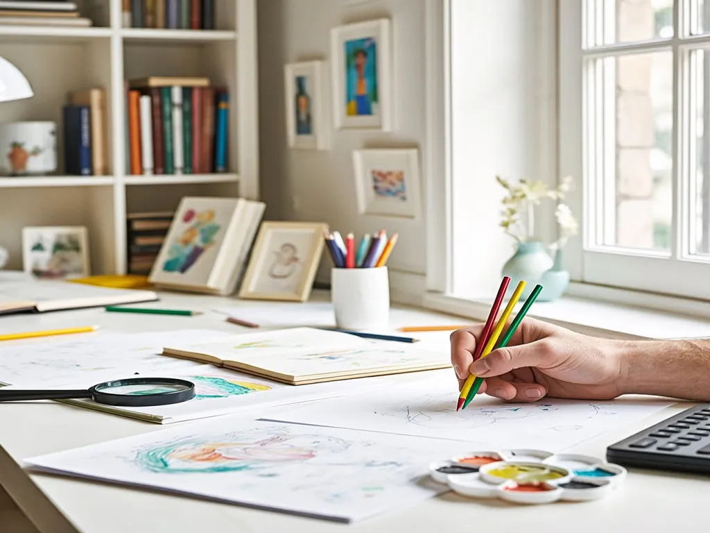 Creative workspace with fine tip marker pens