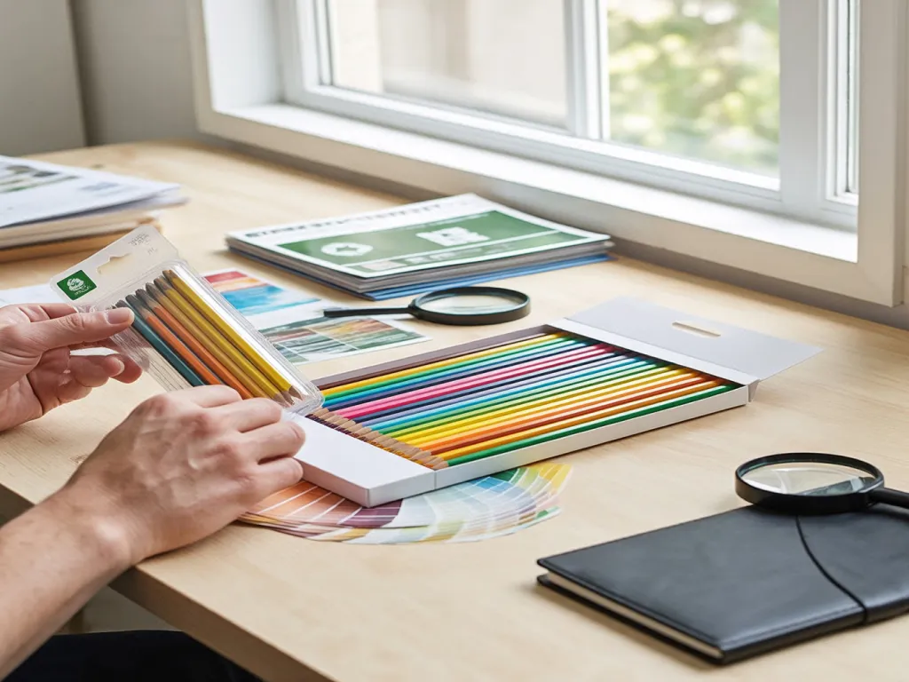 Selecting colored pencils from a box with color swatches