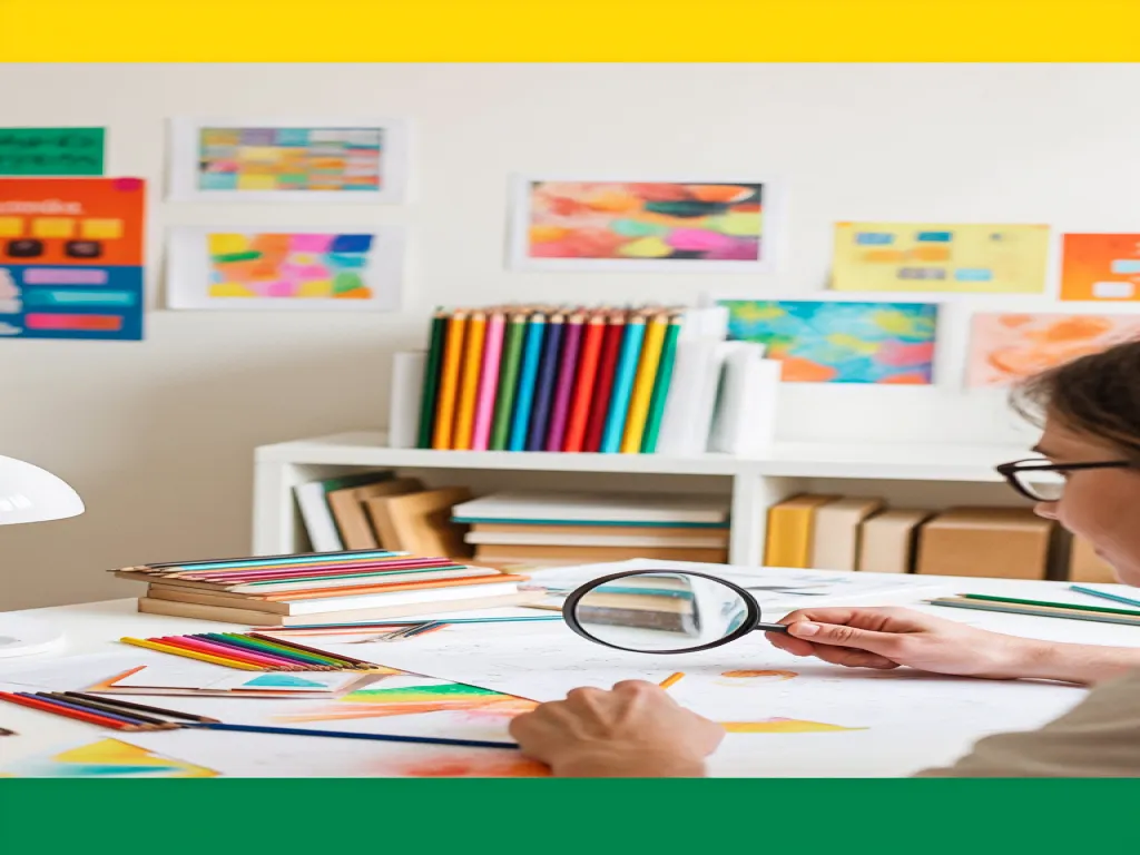 A creative workspace with colored pencils and artwork
