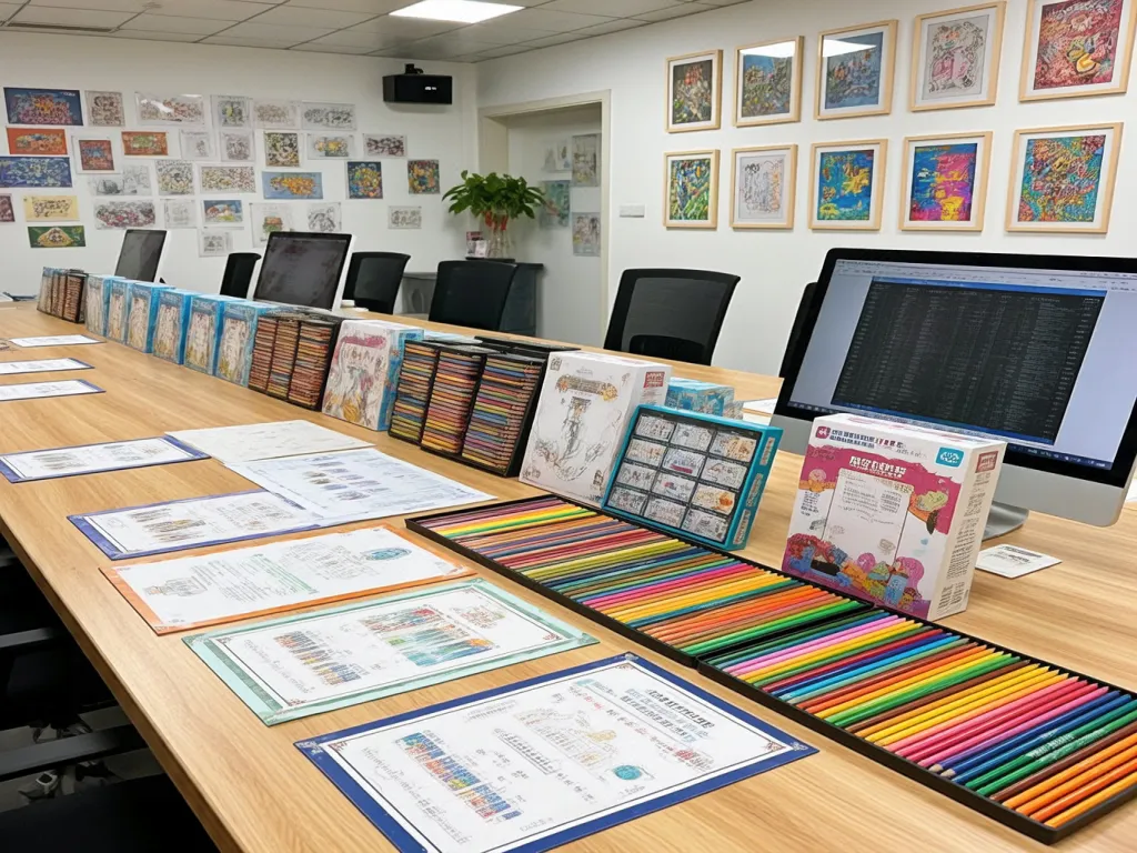 A meeting room setup with colored pencils and documents