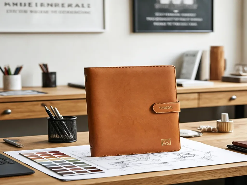 A tan custom printed notebook on a wooden desk