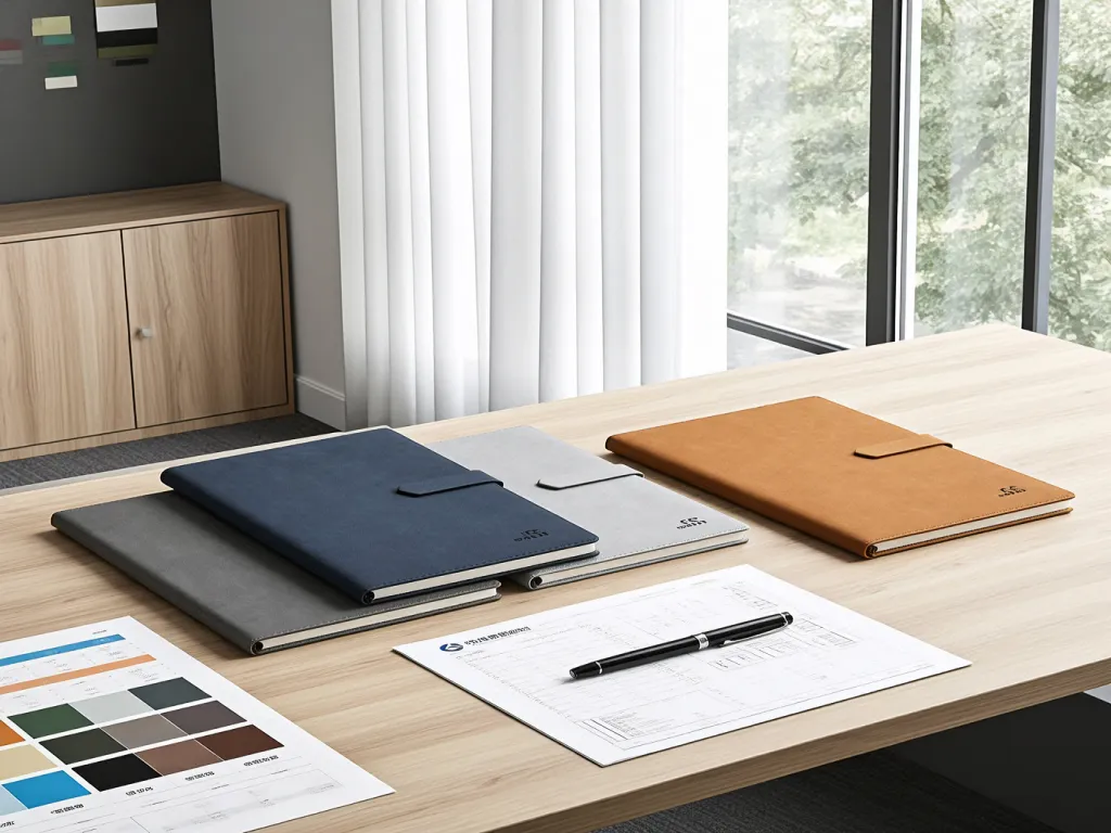Four colorful custom notebooks on a desk with design samples