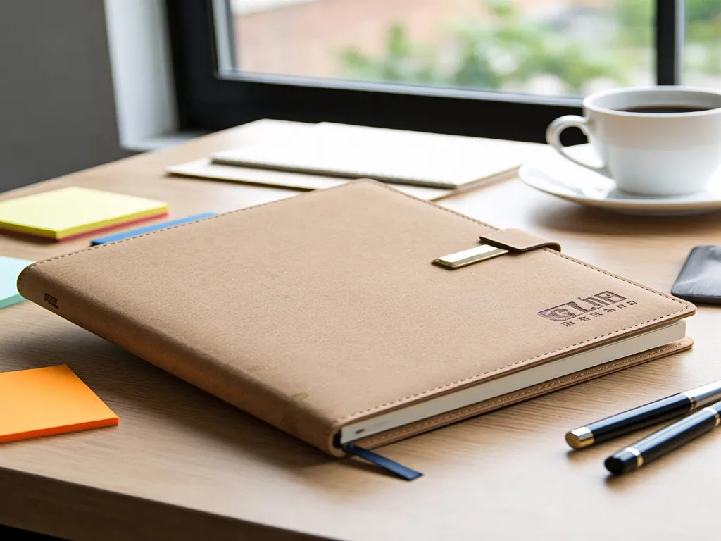 Tan A5 Notebook on Desk