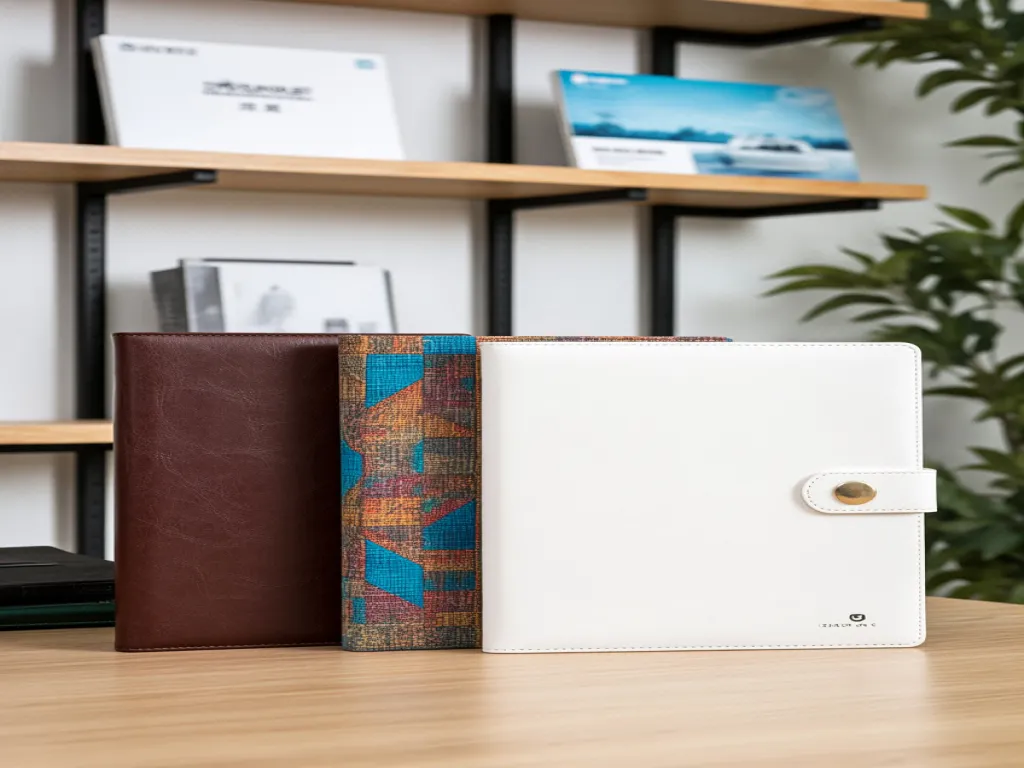 Three different custom notebooks on a wooden shelf