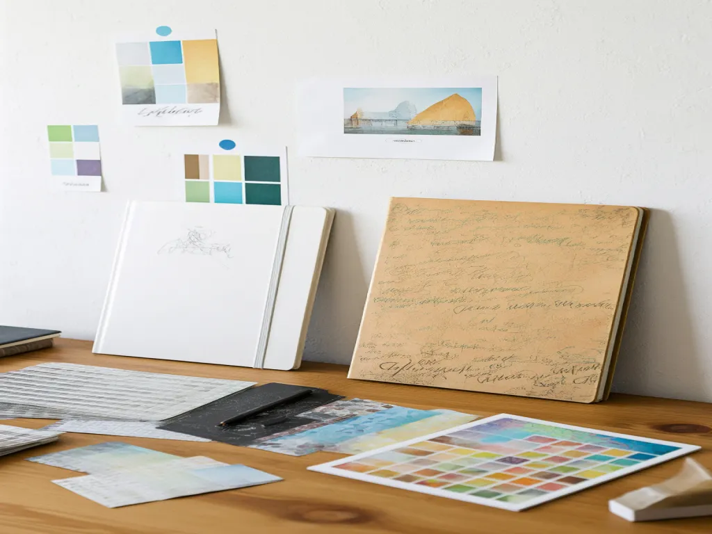 An artistic setup of custom notebooks with color swatches and sketches