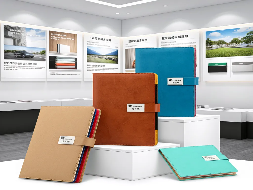 Colorful custom journals displayed on a white stand