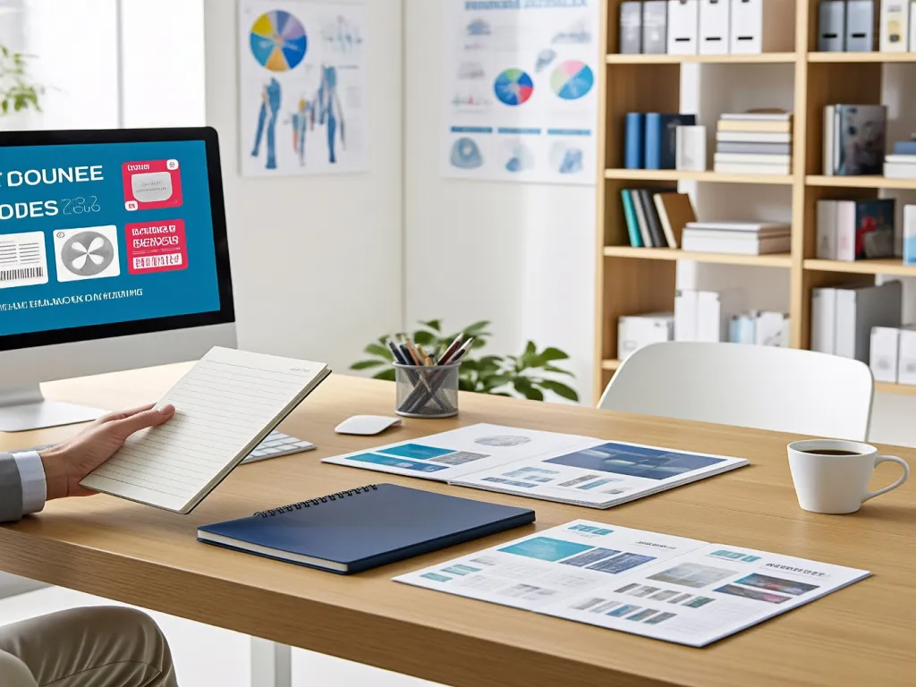 A hand holding a custom notebook with a computer screen displaying promotional codes in the background