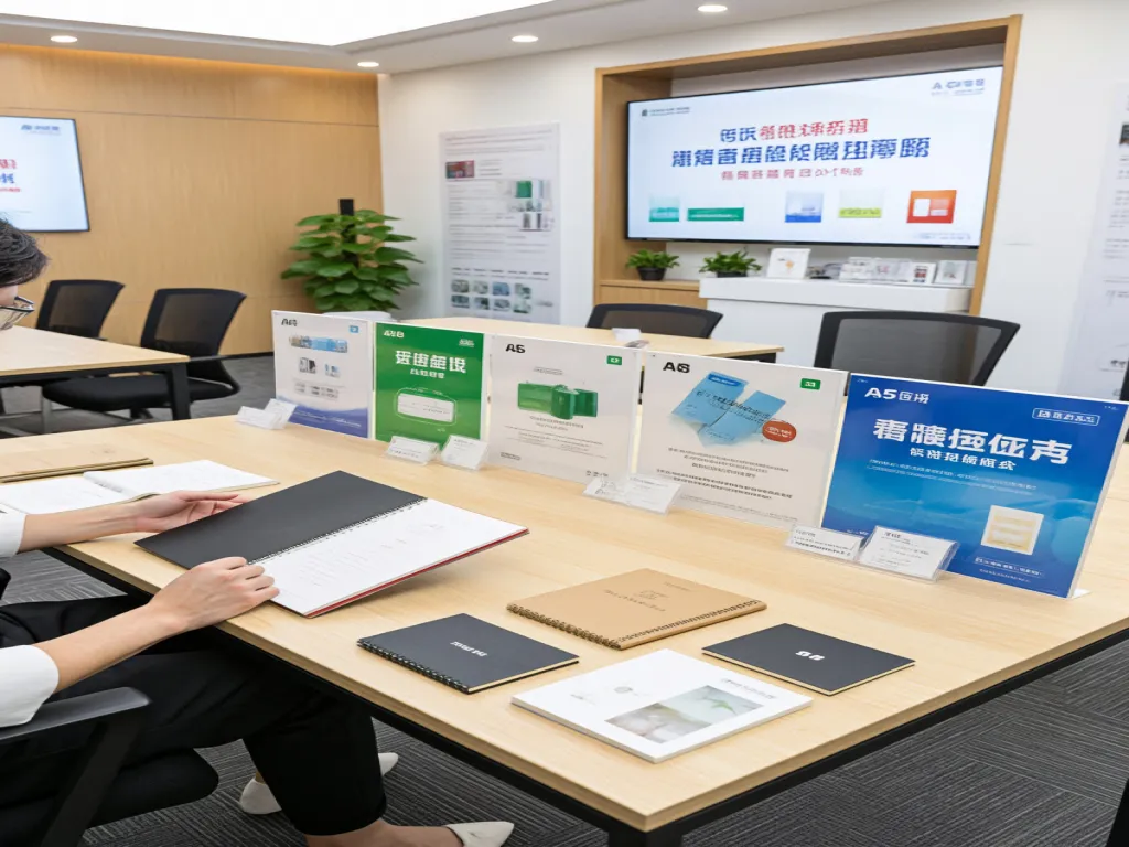 A person reviewing wholesale notebook samples on a table with promotional materials