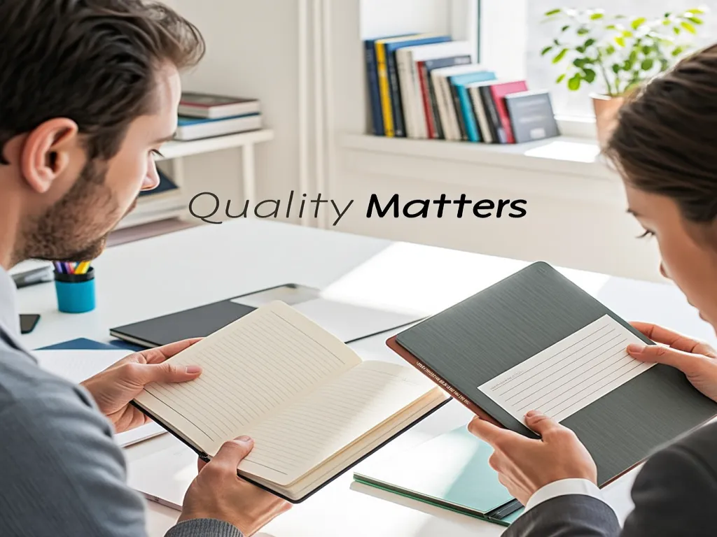 Two people reviewing quality journal notebooks
