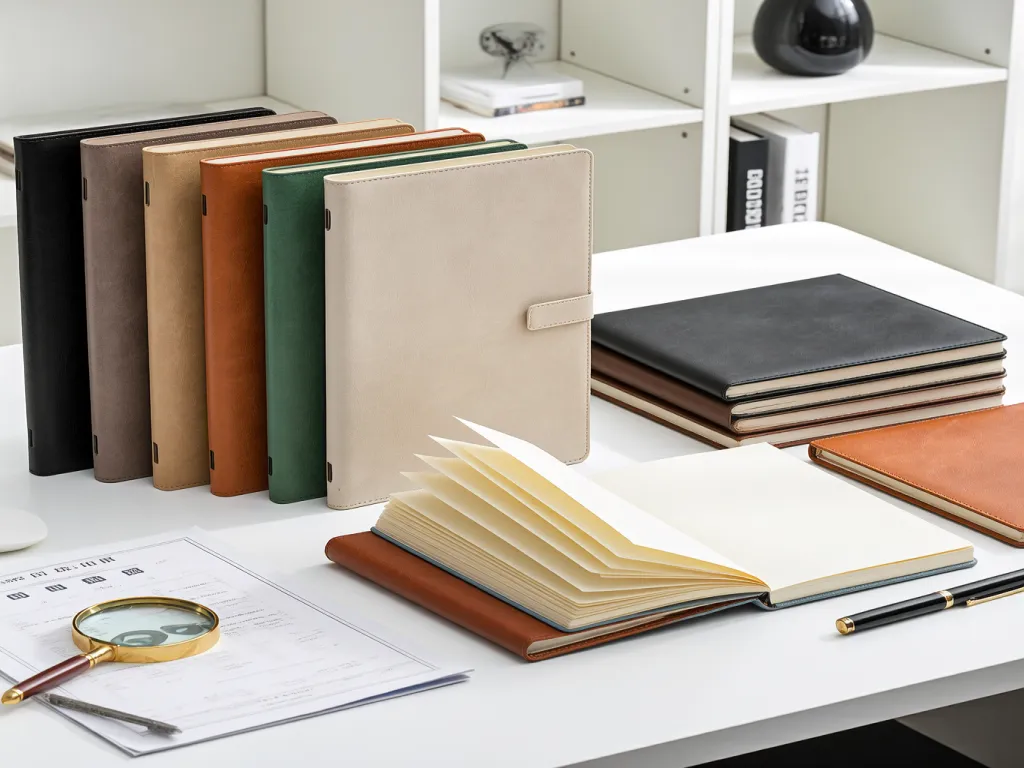 Assorted faux leather notebooks on a desk