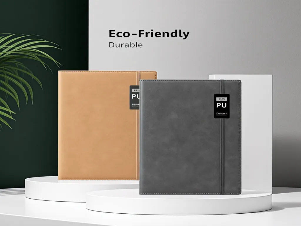 Eco-friendly faux leather notebooks on display