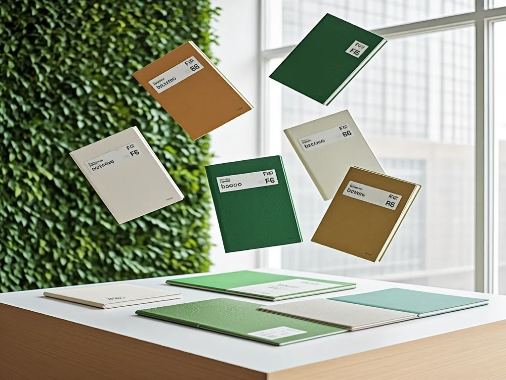 Eco friendly notebooks in various colors floating above a table