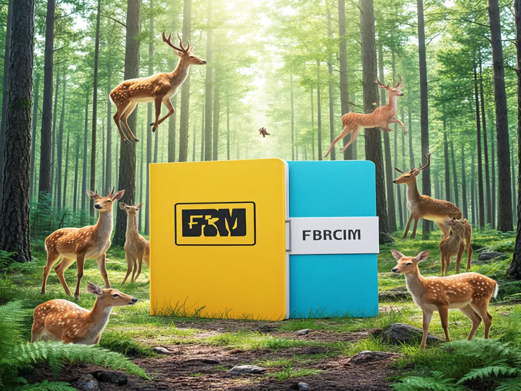 Eco friendly notebooks placed in a forest with deer around