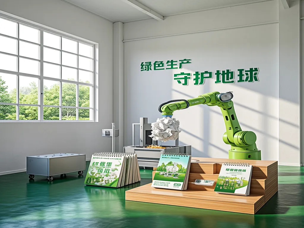 Green production process with eco friendly notebooks and a robotic arm