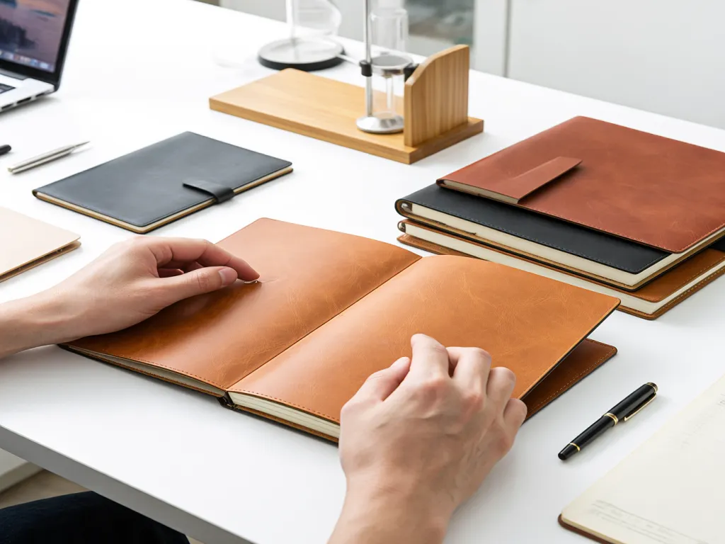 Open faux leather notebook with hand writing