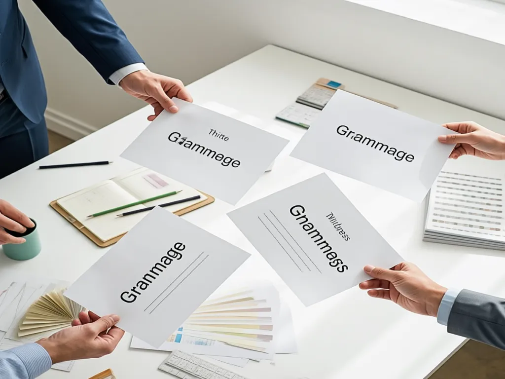 Business people exchanging papers with the word 'Grammage' on them