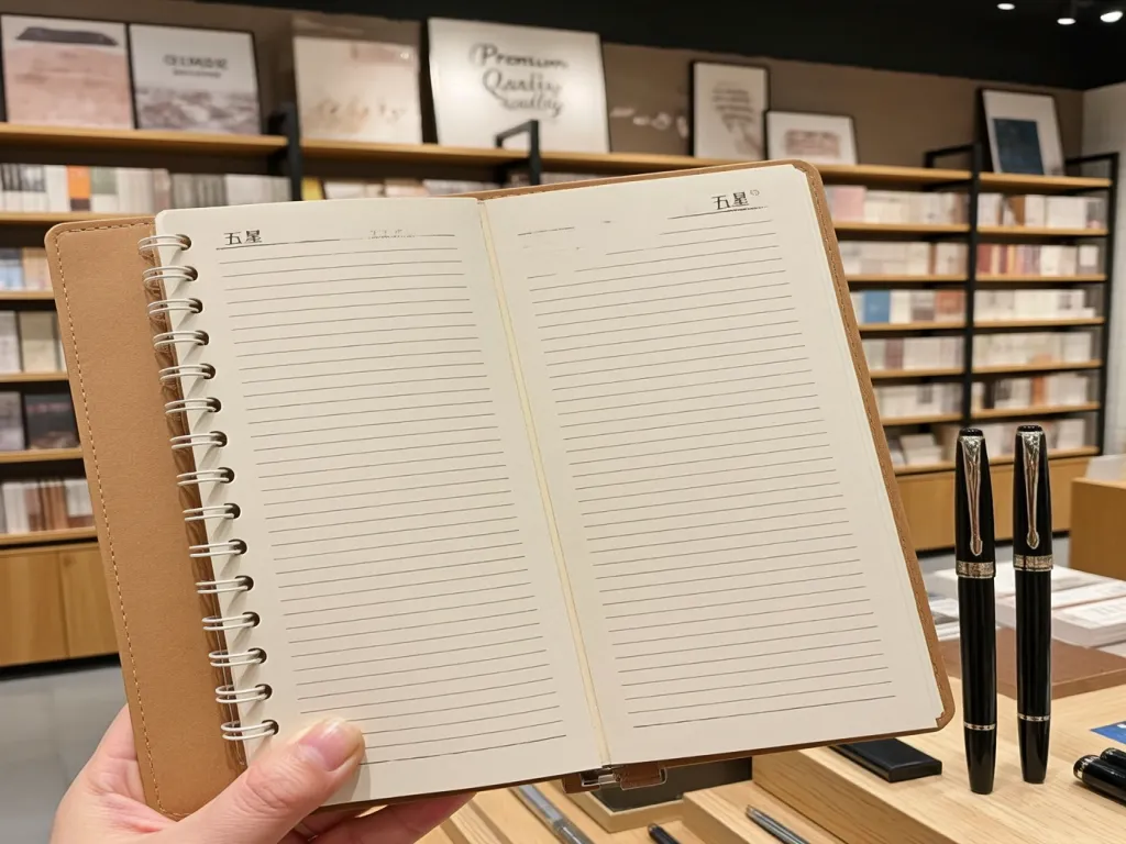 A hand holding an open Five Star notebook in a stationery store