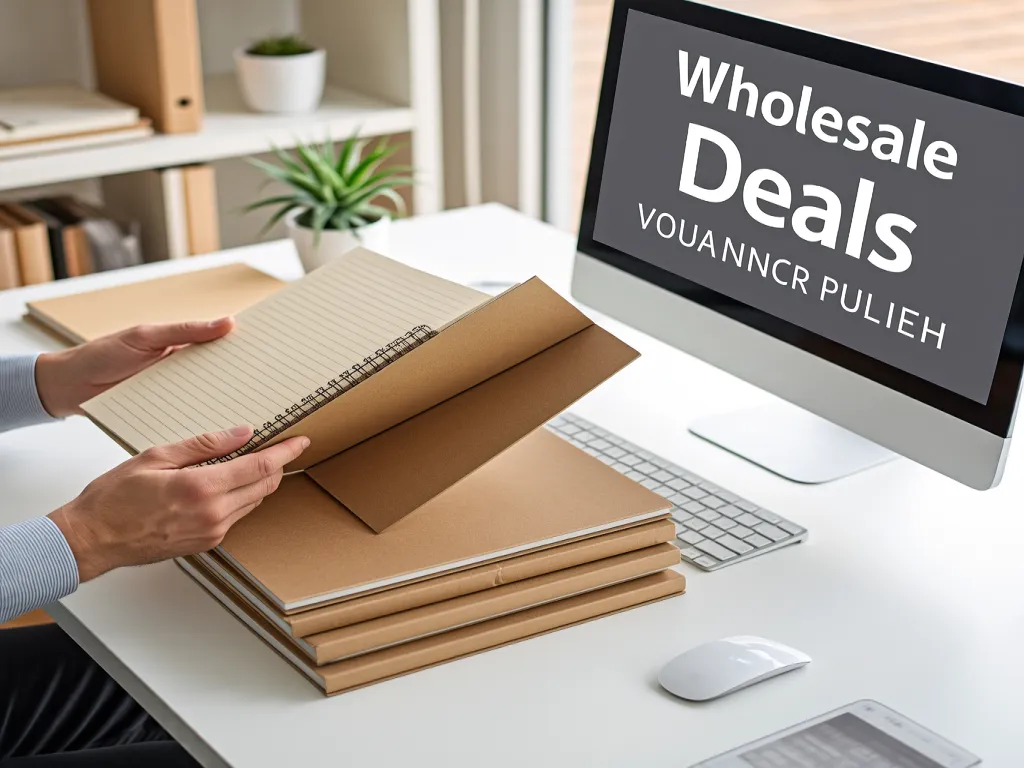 Hands holding kraft paper notebooks with wholesale deals on screen