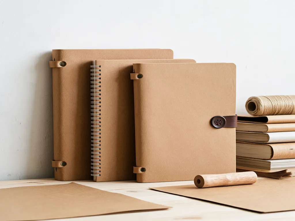 Display of kraft paper notebooks with leather bindings