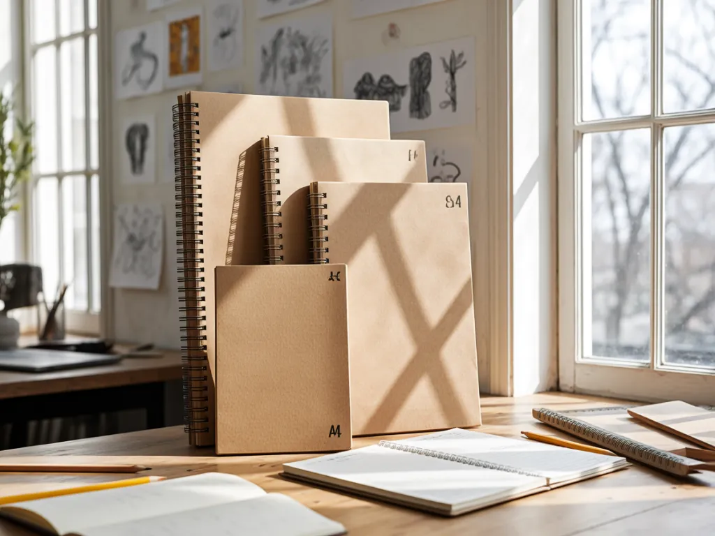Kraft paper notebooks in different sizes on a wooden desk