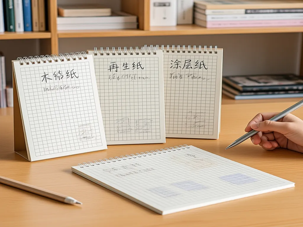 Different types of notebooks on a wooden desk with a pen